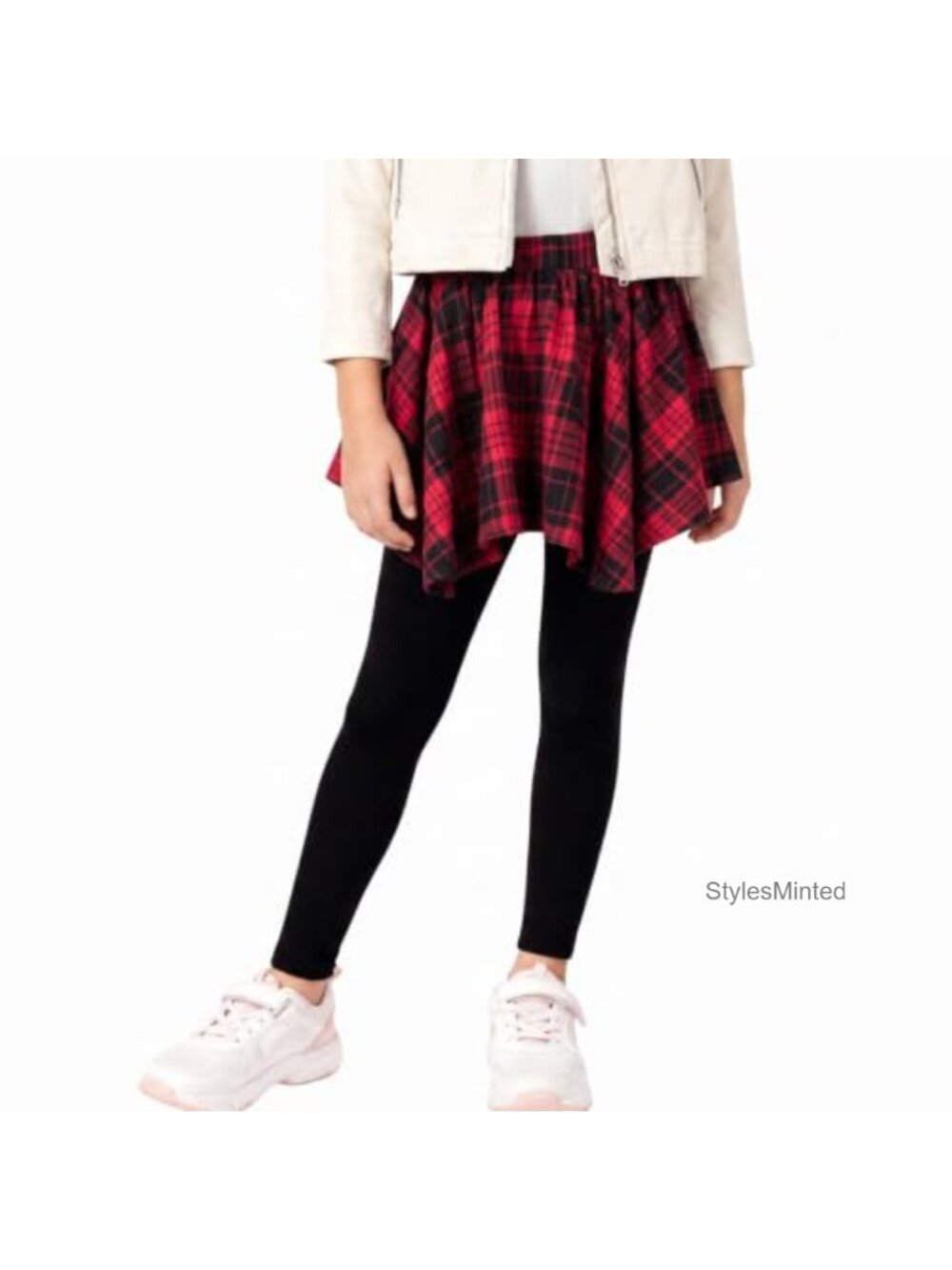 Skirted Leggings with Plaid Skirt Elastic Waist for Girls